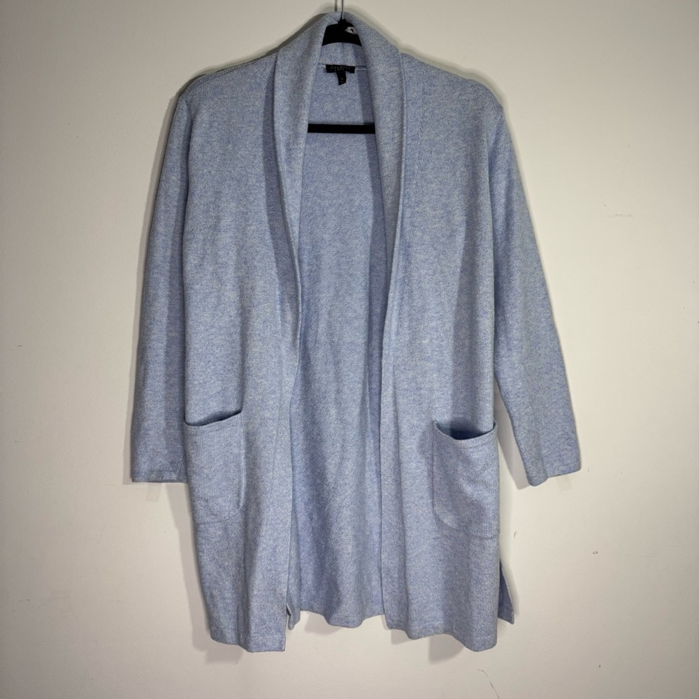 Talbots Petite Light Blue Open Front Cardigan Duster Sweater Pockets